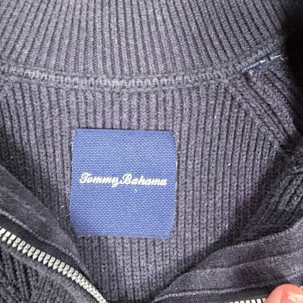 Tommy Bahama‎ Mens Navy Blue Textured Quarter Zip Sweater 100% Cotton Size L